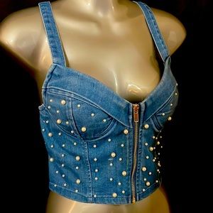 SELENA JEAN BUSTIER PEARL BLING TOP ZIP PUSH UP SEXY CLUB NIGHT OUT SIZE L